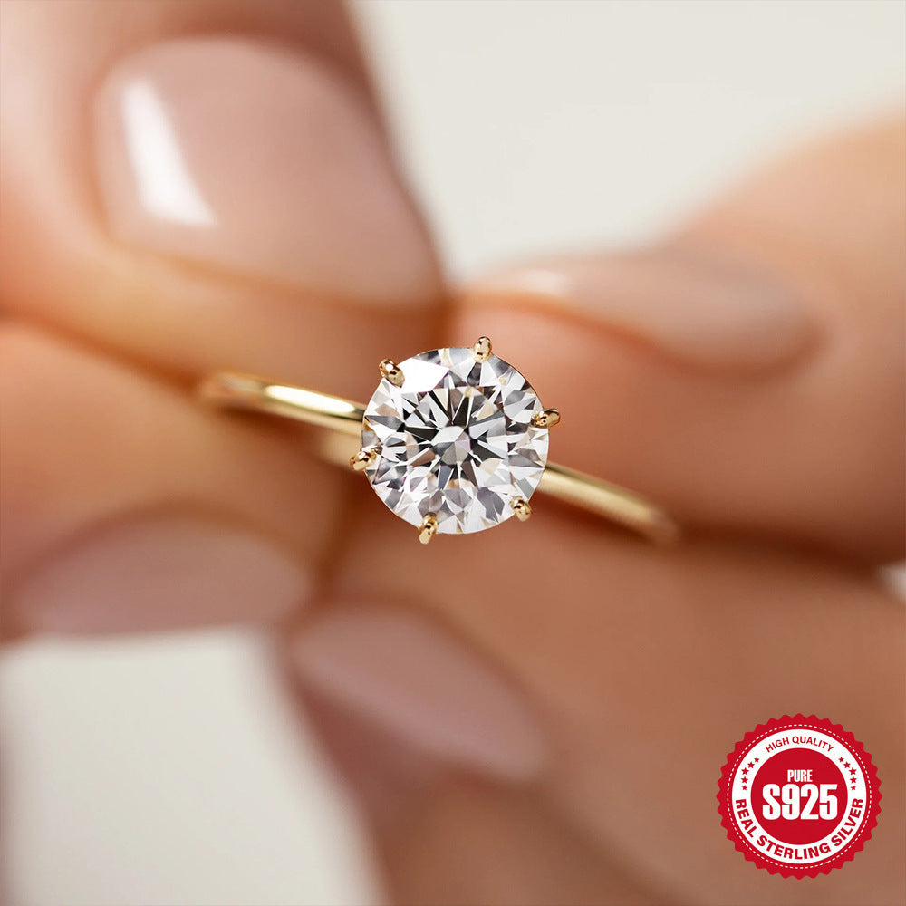 Guldpläterad S925 silverring för dam – moissanit förlovningsring med sex klor sveabuy