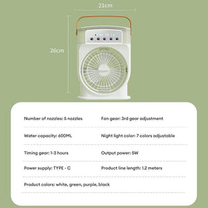 Bärbar USB-luftkylare & luftfuktare – fläkt med 600 ml vattentank, sprayfunktion & 7 färgers ljus sveabuy