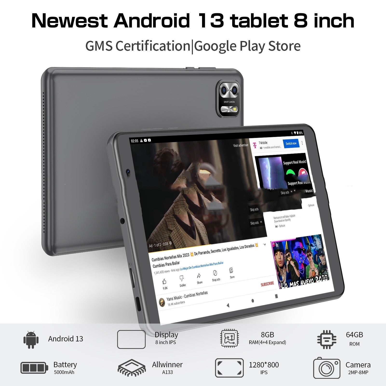 "8-tums Android 13 Tablet med 8-kärnig Processor, 64GB – Bluetooth, GPS & IPS Skärm"