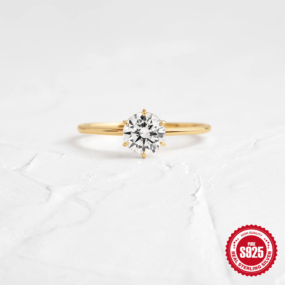 Guldpläterad S925 silverring för dam – moissanit förlovningsring med sex klor sveabuy